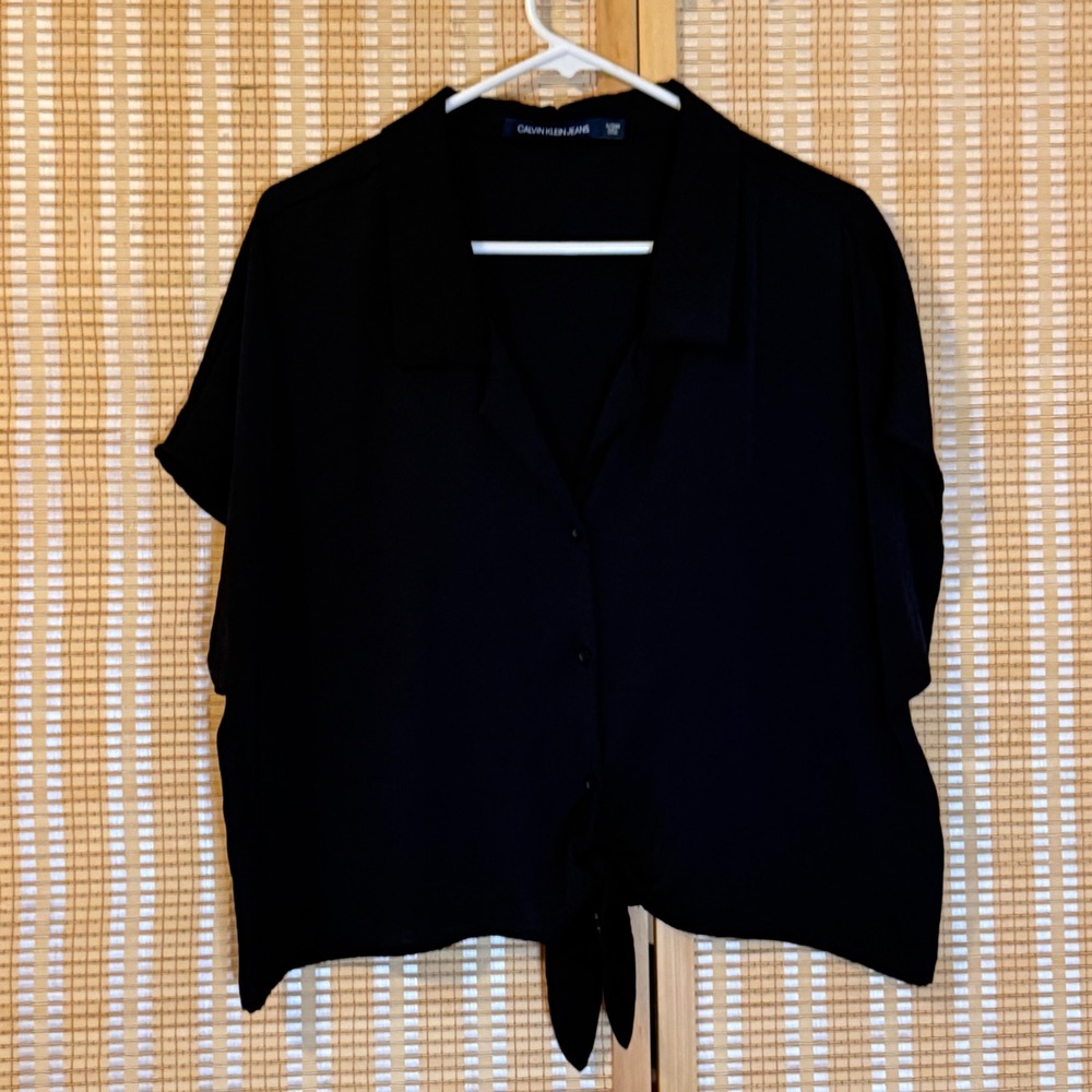 Calvin Klein Jeans Womens XL Black Tie Front Button Up Short Sleeve Blouse Top